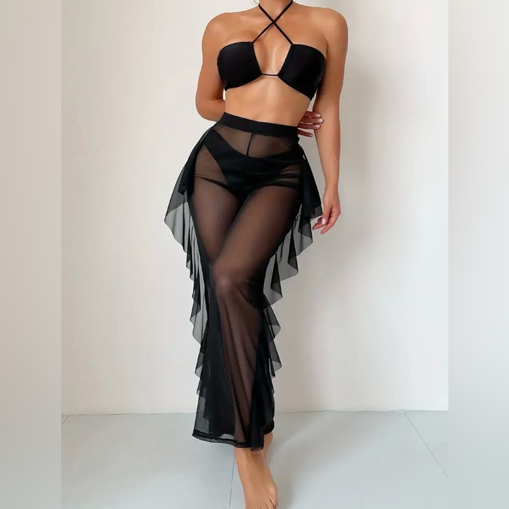 3pc Black Criss Cross Top Bikini Set with Sheer Mesh Ruffle Cover-Up Pants